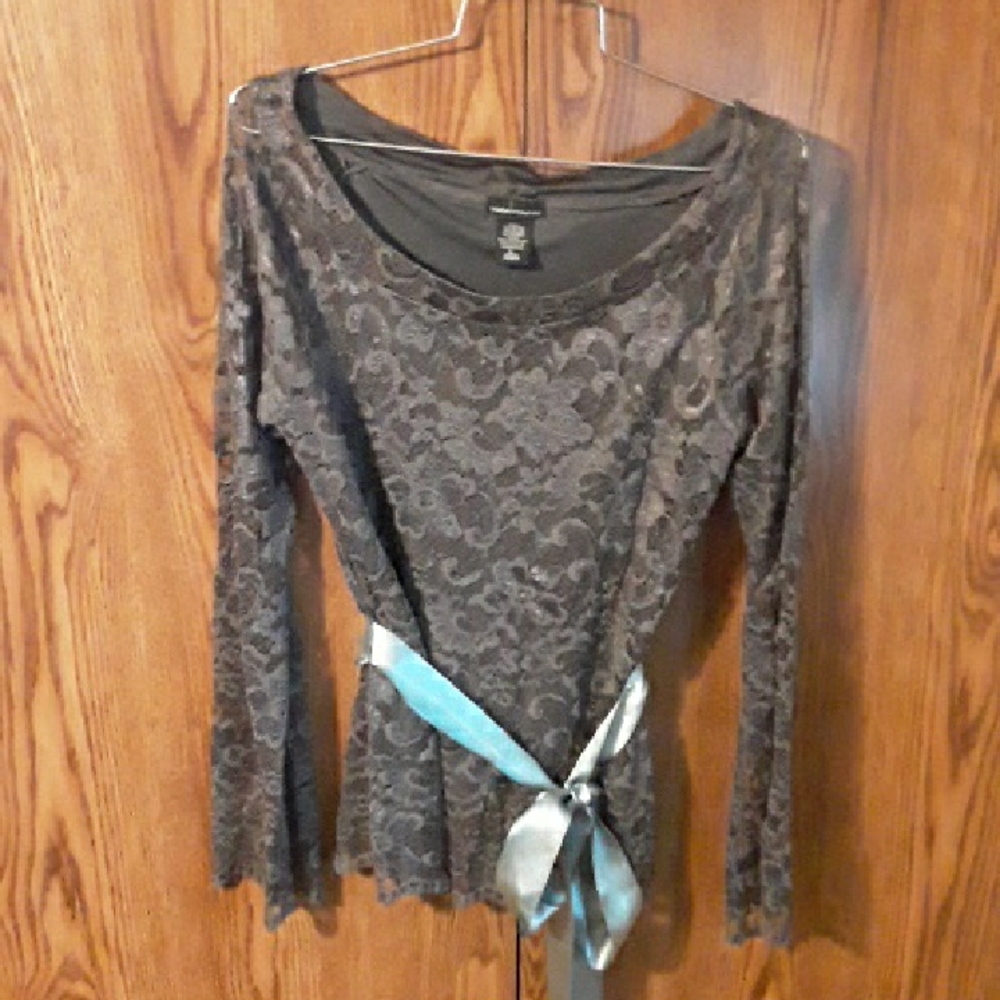 Moda International Gray Long Sleeve Scoop Neck Tie Front Blouse